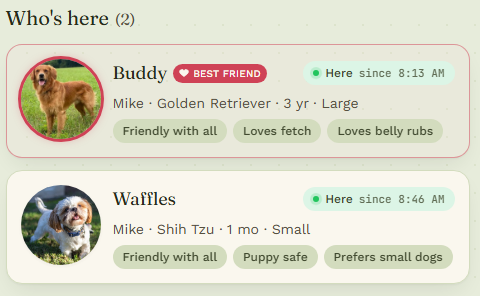 Pack Check-In's Who's Here list, showing two dogs currently checked in at a park with their temperament tags